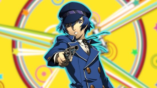 Persona 4-Charaktere: Naoto auf einem bunten Hintergrund von Persona 4 eingefügt.