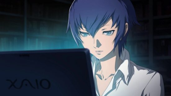 Persona 4 Naoto: A screenshot of Naoto from a cutscene using her laptop in a dark room.