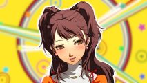 Persona 4 Rise: Rise in her romance outfit smiling and blushing at the camera. She is outlined in white and pasted on a blurred Persona 4 background.