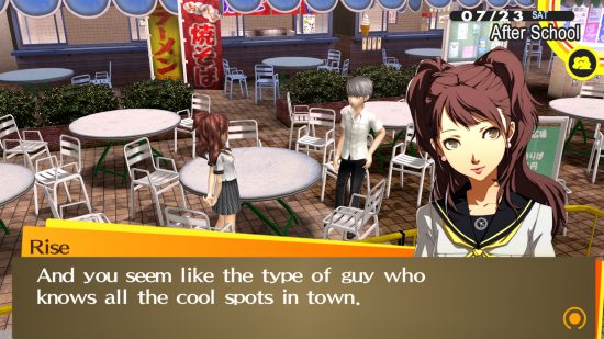 Persona 4 Rise: A screenshot of Rise talking to Yu in Persona 4, surrounded by tables.