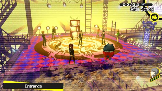 Persona 4 Switch review - a group of characters stood in a room with three stacked TVs