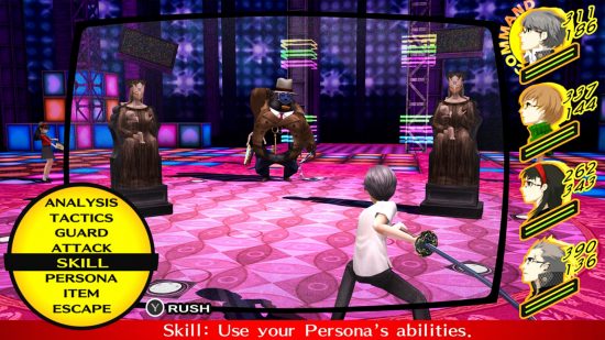 Persona 4 Switch review - a character facing off with enemies in the dungeon