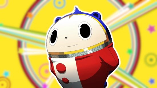 Persona 4 Teddie: Teddie with his arms behind his back leaning slightly forward. He has a white outline and is pasted on a blurred background of the Persona 4 iconic yellow and rainbow geometric design.