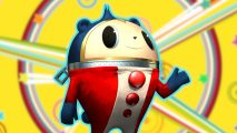 Persona 4 characters: Teddie pasted onto a Persona 4 colourful background.
