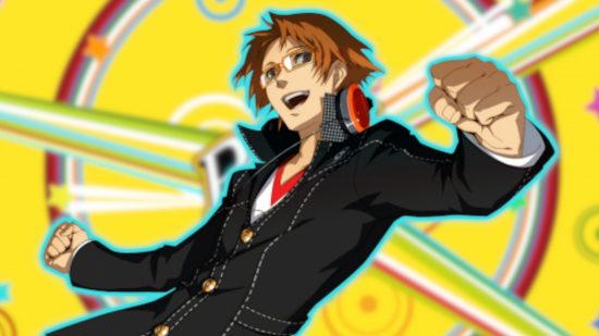 Personaggi di Persona 4: Yosuke incollato su uno sfondo colorato di Persona 4.