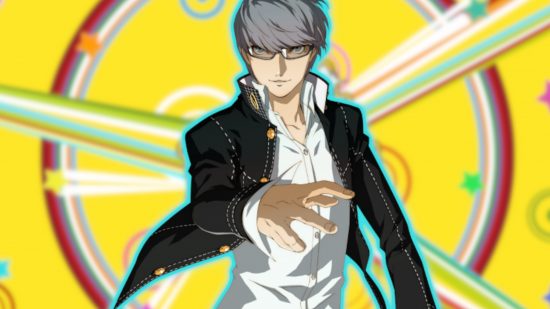Persona 4 characters: Yu pasted onto a Persona 4 colourful background.