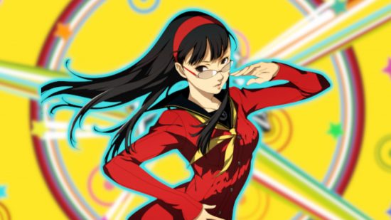 Persona 4 characters: Yukiko pasted onto a Persona 4 colourful background.