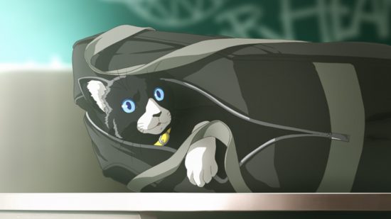 Anime Persona 5: Key art dall'anime Persona 5 di Morgana in forma di gatto in uno zainetto.