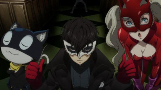 Persona 5 anime: Joker, Ann, and Morgana posing together.