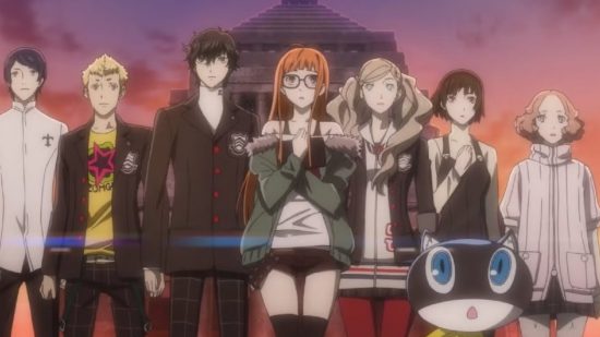 Anime Persona 5: l'intera banda posa insieme e guarda in lontananza su uno sfondo del tramonto.