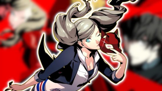 Persona 5 Ann: Ann holding her Panther mask close to her face and winking at the camera. She is outlined in white and yellow and pasted on a blurred Persona 5 background.