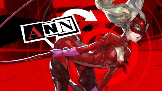 Persona 5 Ann: Ann in her Panther outfit bending over on a red background. Cut-out capital letters spell 'Ann' and an arrow points towards her.