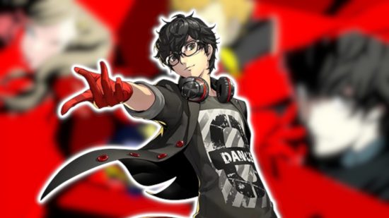 Persona 5 Joker: Joker in his dance outfit which includes black headphones with red accents around his neck, a black graphic tee with a black blazer over the top, and red gloves, reaching his hand towards the camera. He is outlined in white and pasted on a blurred Persona 5 characters background.