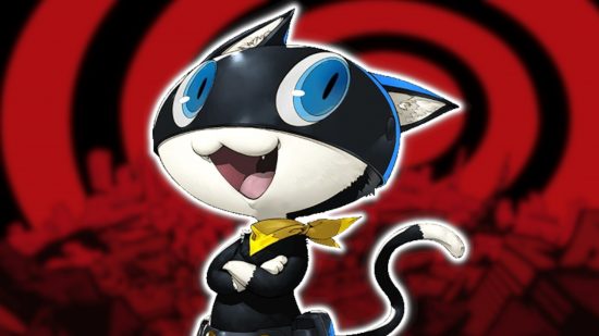 Persona 5 Morgana: Morgana in Phantom Thieves form with his arms crossed and a wide smile, outlined in white and pasted on a blurred Persona 5 red cityscape background.