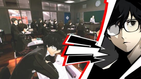Persona 5 Royal Answers: The protagonist asleep in a classroom, while a close up of his face is on the right hand side of the image with three blank speech bubbles coming from his picture.