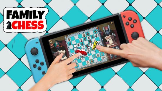 Play chess - Family Chess on Nintendo Switch, showing two hands playing the game on the Switch