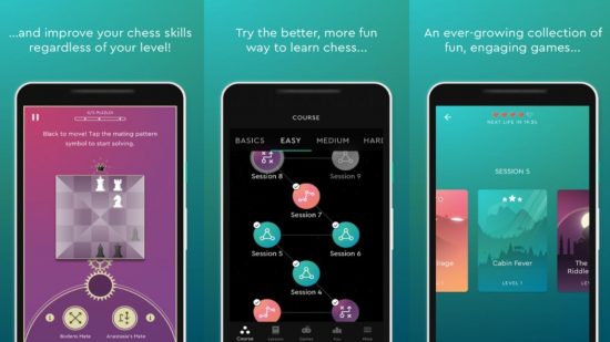 Play chess - Promo screenshot of Magnus Training app with several screenshot of different menus