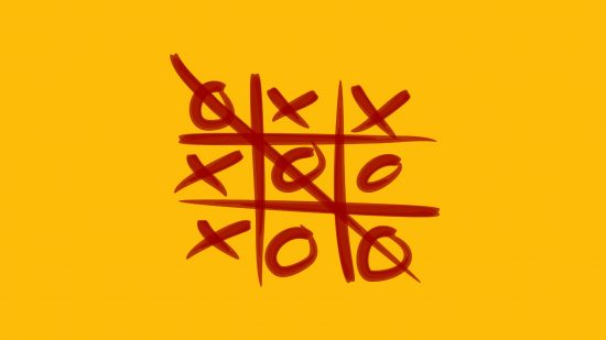 Play tic tac toe -- a tic tac toe grid against a mango yellow background with circles winning with a downwards diagonal striked-through from left to right.
