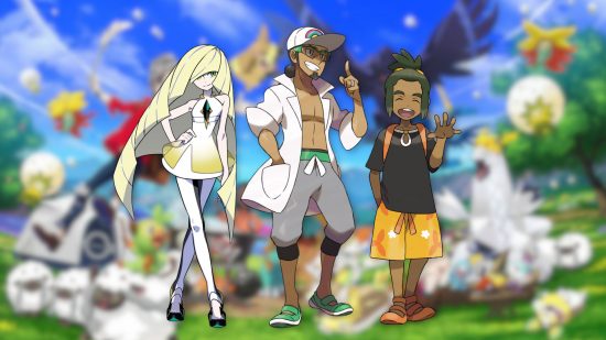 Custom image of gen eight Pokemon characters Hau, Lusamine, and Kuikui