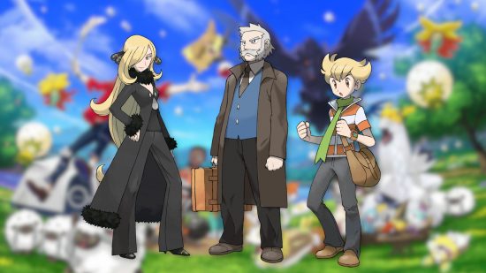 Custom image of gen four Pokemon character Rowan, Cynthia, and Barry