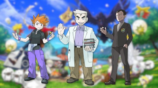 Custom image of gen one Pokemon characters Oak, your rival, and Giovanni
