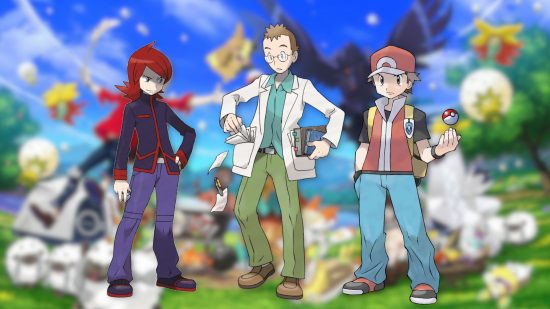 Custom image of gen two Pokemon character Red, Elm, and Silver