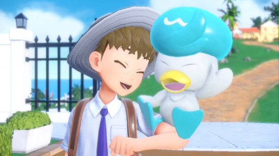 Screenshot of one of the Pokemon Scarlet and Violet starters, Quaxly, on the players shoulder