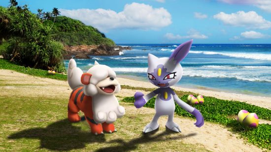 Hisuian Growlithe and Hisuian Sneasel on the beach to celebrate the Pokemon Go egg hatching widget