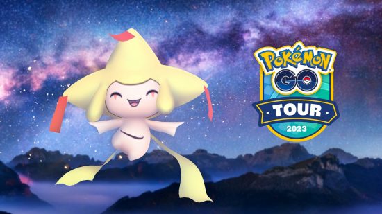 Pokemon Go Jirachi: Official art of shiny Jirachi smiling on a starry sky with the Pokemon Go Tour 2023 logo next to it.