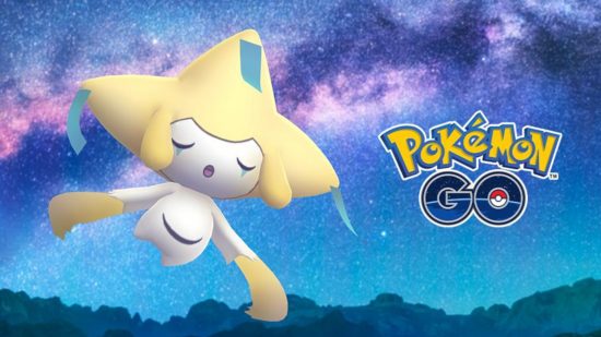 Pokemon Go Jirachi: Regular Jirachi sleeping in the starry sky next to the Pokemon Go logo, taken from the 2019 special research task promotional art.