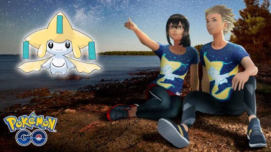 Pokemon Go Jirachi: Two Pokemon trainers in Go wearing the Wishing on a Jirachi tshirt, sitting on the ground in the dusk pointing at the sky. A picture of Jirachi with a glowing white border has been pasted in the top left hand corner of the image.