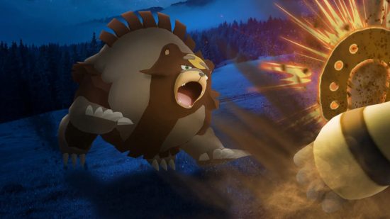 Pokemon Go Ursaluna: Official Pokemon Go artwork of Ursaluna lunging mouth open at an Electivire that is off screen.
