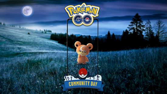 Pokemon Go Ursaluna: Official artwork from the November 2022 Teddiursa community day, showing Teddiursa in a mobile phone in a field in the dark, with a full moon in the sky in the top left corner.