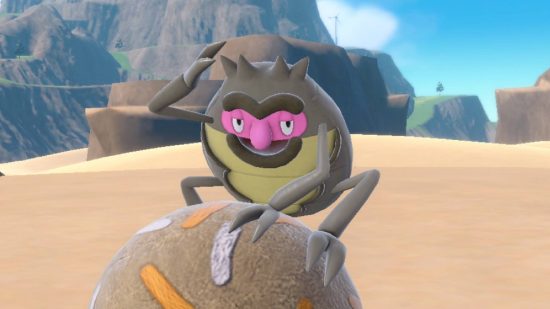 Pokémon Scarlet Violet Rellor's face: a screenshot from Pokemon Scarlet ans Violet shows a small bug with a gross, sinister grin