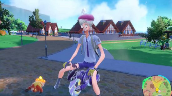 Pokemon Scarlet Violet version 1.2: a screenshot from Pokémon Scarlet and Violet shows a trainer character riding Miraidon, but they have grown freakishly tall, and their features look distorted