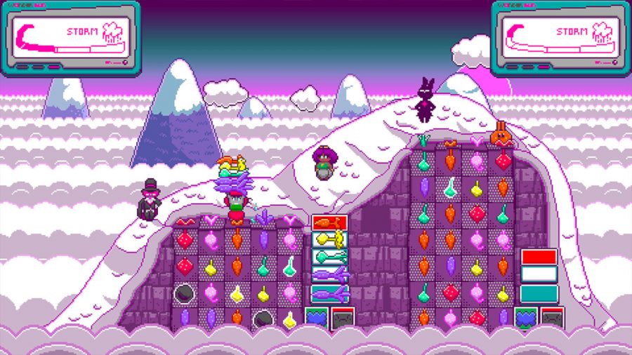 Princess Farmer: A screenshot from Princess Farmer showing a snowy pixel mountain scene with pink tones and a match-three puzzle board below the soil.