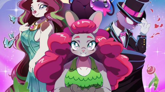 Princess Farmer mobile release date: Key art of Princess Farmer, a grey rabbit with pink hair, standing next to a cream rabbit with brown hair, and a rabbit dressed as tuxedo mask from Sailor Moon.