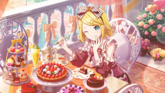 Project Sekai cards: Kagamine Rin eating a strawberry tart at a table on a marble balcony, and winking at the camera.