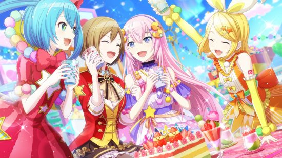 Project Sekai characters: From left to right: Miku, Meiko, Luka, and Rin in their Wonderland Sekai outfits chatting and smiling together in Sekai.