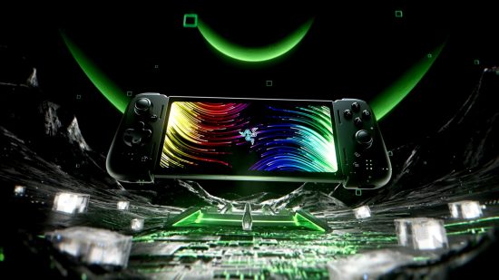 The Razer Edge release date header showing the console floating above silvery glass in a green aura. It's basically a phone with controllers attached on either end.