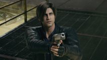 Resident Evil 2 Leon: Leon Kennedy with his floppy hair holding a pistol with both guns and looking slightly up to the right.