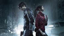 Resident Evil 2 safe codes: Leon and Claire standingback to back in the rain.