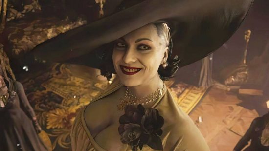 Resident Evil Lady Dimitrescu: A close-up of Lady D in her bedroom smiling at the camera.