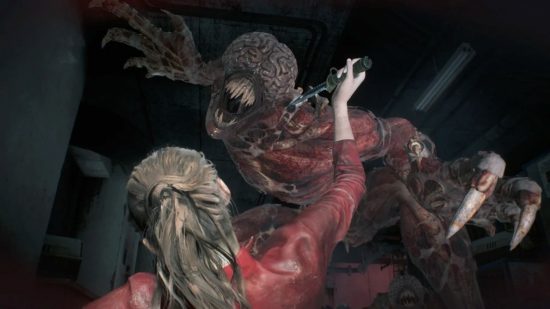 A Resident Evil Licker lunging at Claire Redfield as she uses a knife to defend herself