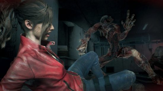 Claire Redfield crawling away from an enraged Resident Evil Licker that's ready to pounce