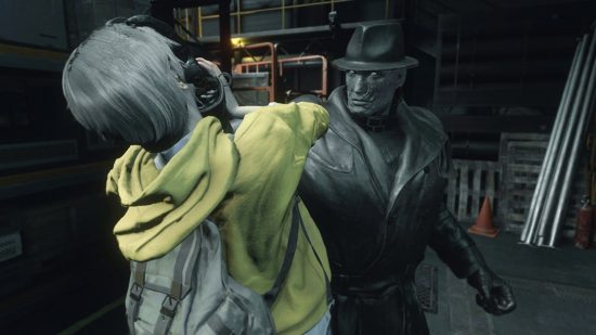Resident Evil's Tyrant holding up a female victim by the throat