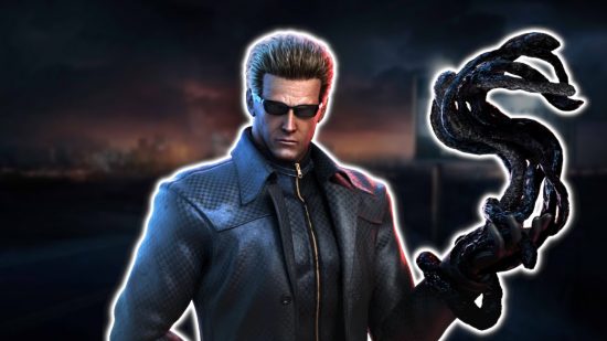 Resident Evil Wesker: Wesker's character model from Dead by Daylight wielding a hand full of tentacles on a Racoon City background.