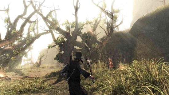 Risen Switch review - a soldier stood in front of some ruined trees