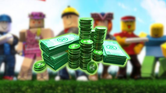 Roblox revenue 2022: A zoomed in and blurred version of the Roblox header image key art, with a picture of Robux, green notes and coins, pasted on top with a fluorescent green outline.