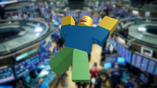 Custom image for Roblox stock value slumping article with a Roblox character falling in the stock market